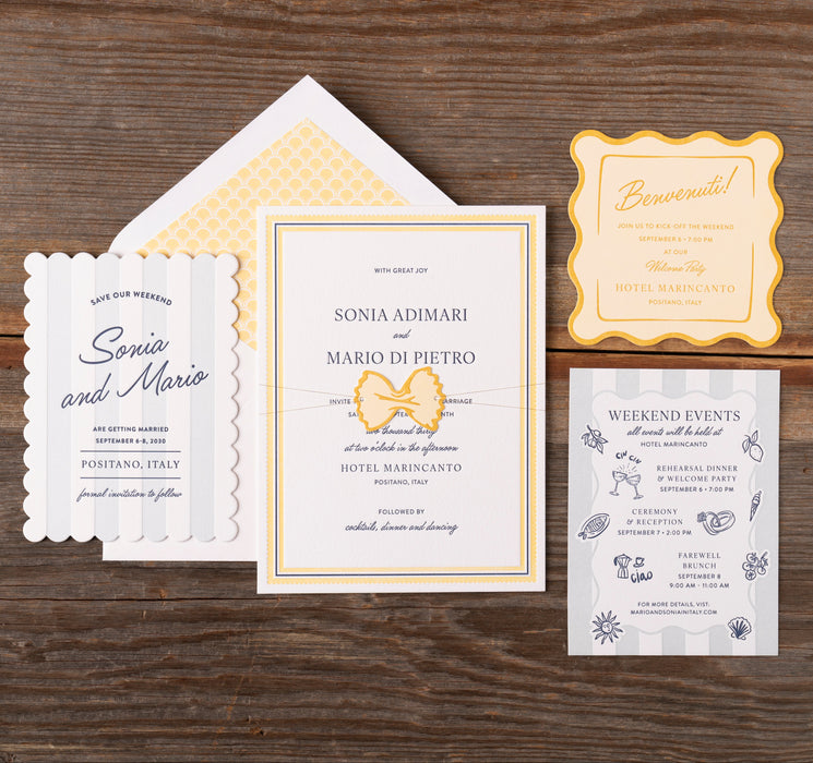 Italo Wedding invitation set on a wooden surface
