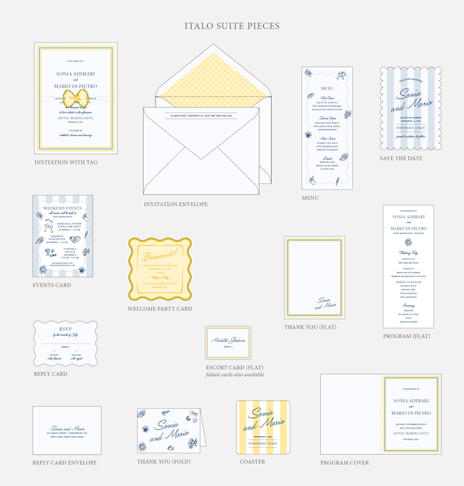 Collection of wedding invitation suite pieces with various cards and envelopes on a white background.