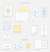 Collection of wedding invitation suite pieces with various cards and envelopes on a white background.