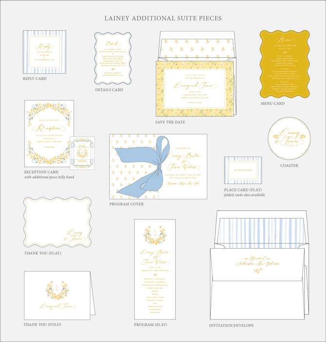 Collection of wedding invitation suite pieces on a white background