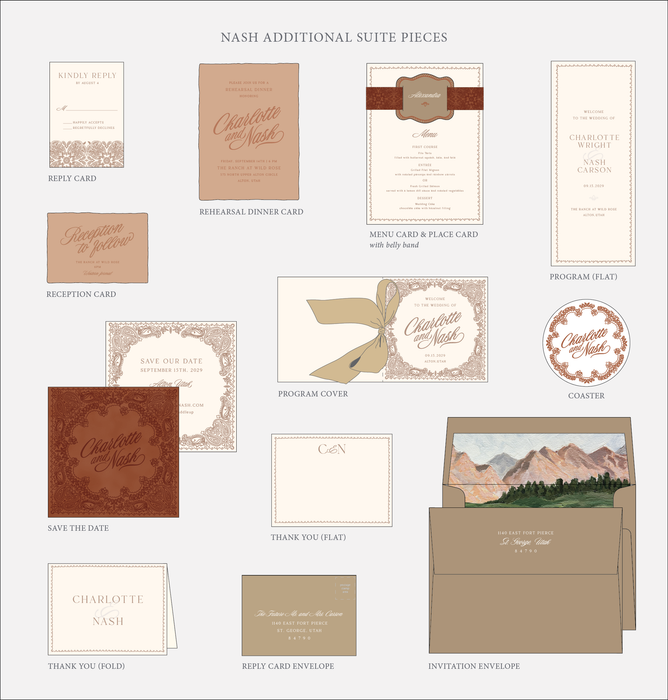 Collection of Nash wedding stationery pieces on a light gray background