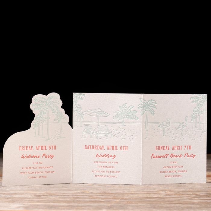 Palmer wedding weekend card with palm trees and flamingo motifs