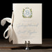 Roydon wedding program with blue hydrangea crest.