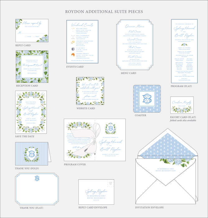 Collection of Roydon Additional Suite Pieces including invitations, response cards, and envelopes on a white background.