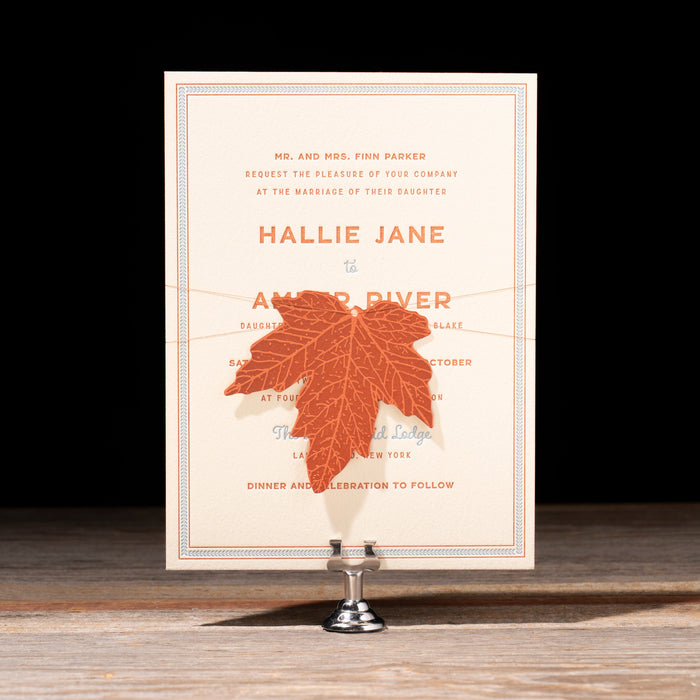 Scout Letterpress wedding invitation showing maple leaf tag