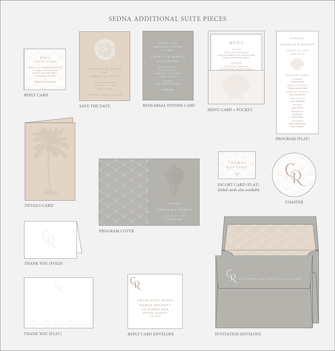 Collection of Sedna additional suite pieces for wedding invitations on a white background