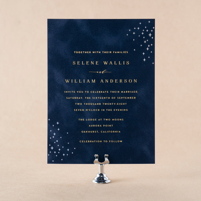 Selene wedding invitation in navy velvet with foil stamping