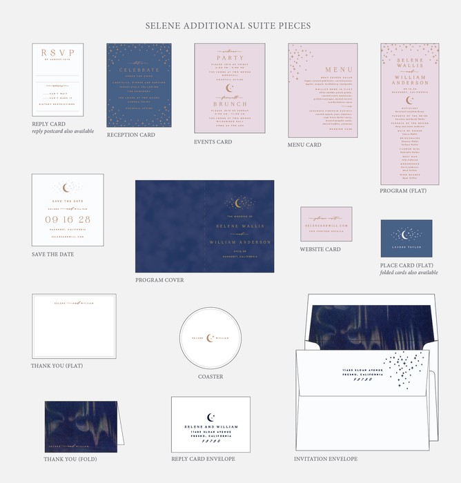 Collection of Selene wedding invitation suite pieces on a white background