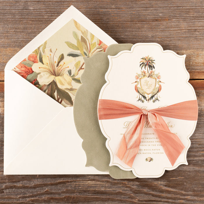 Yasmin wedding invitation with velvet back showing.