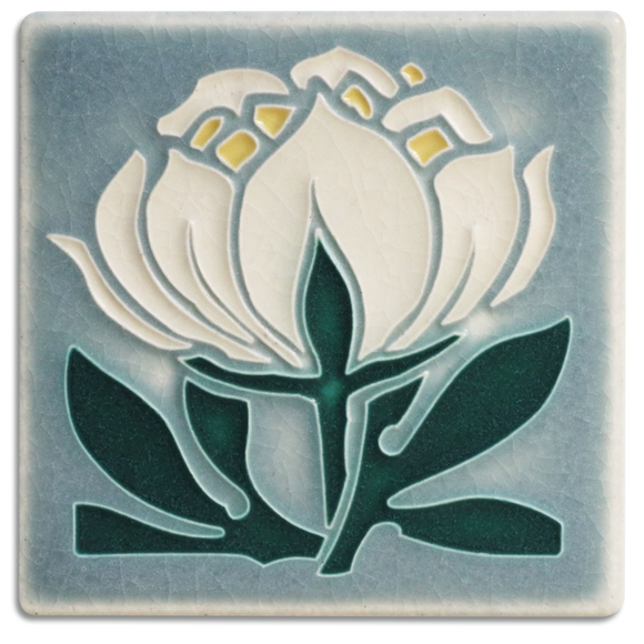 4x4 Gray Blue Peony Bloom Art Tile by Motawi Tileworks