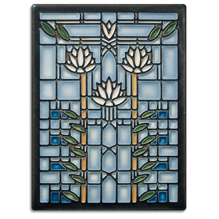 6x8 Light Blue Waterlillies Art Tile by Motawi Tileworks