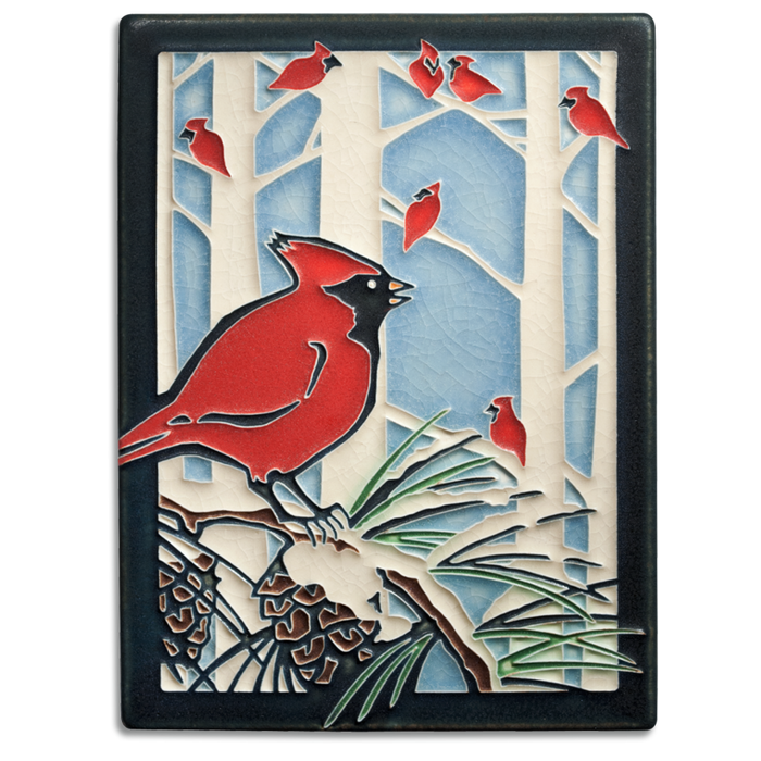 6x8 Winter Cardinals Art Tile by Motawi Tileworks