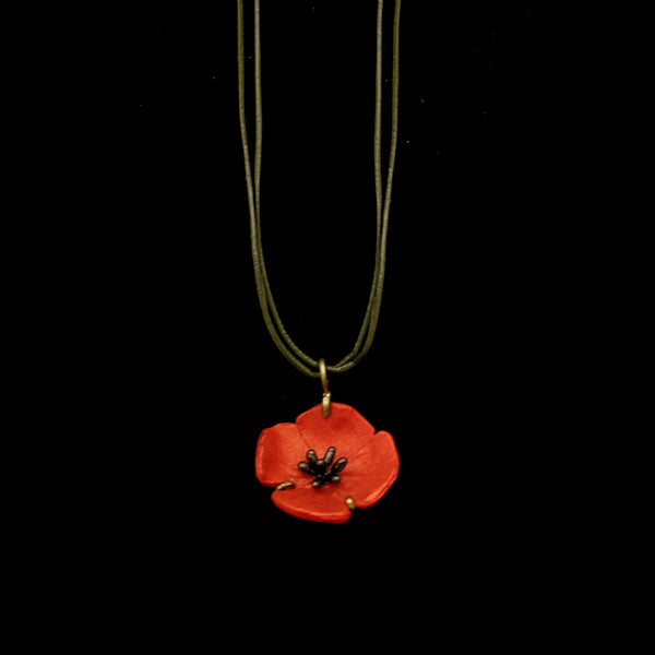 Silver Seasons Red Poppy Leather Necklace by Michael Michaud