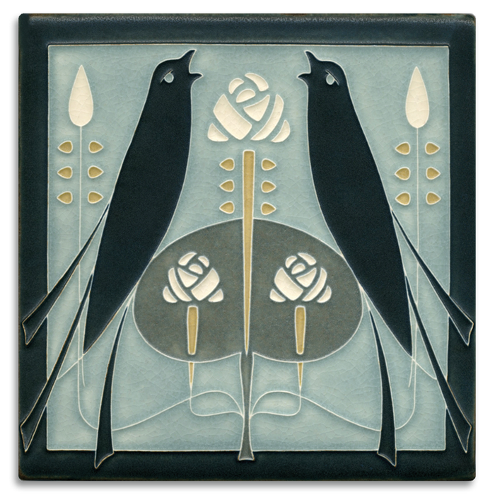 8x8 Gray Blue Songbird Art Tile by Motawi Tileworks