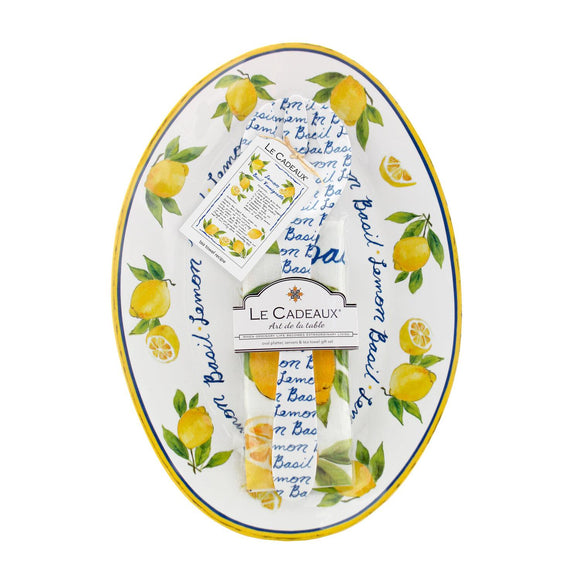 Lemon Basil Oval Platter, Servers and Lemon Basil Tea Towel  Gift Set by Le Cadeaux