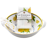 Lemon Basil Two Handle Bowl and Lemon Basil Recipe Tea Towel  Gift Set by Le Cadeaux