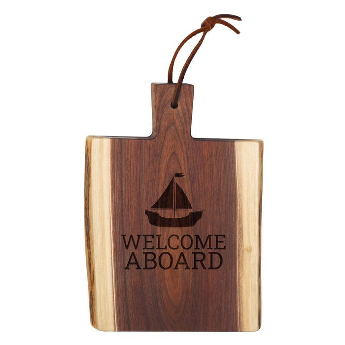 Live Edge Walnut Single Handle Charcuterie Board Welcome Aboard 9"x6"