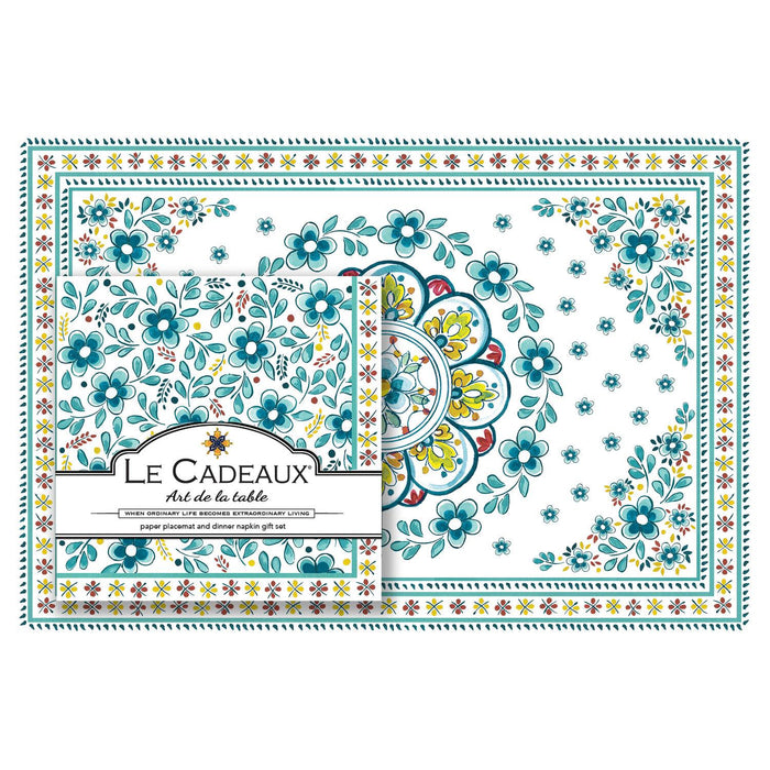 Madrid Turquoise Gift Set Patterned Paper Placemat and Dinner Napkins Set of 20 by Le Cadeaux
