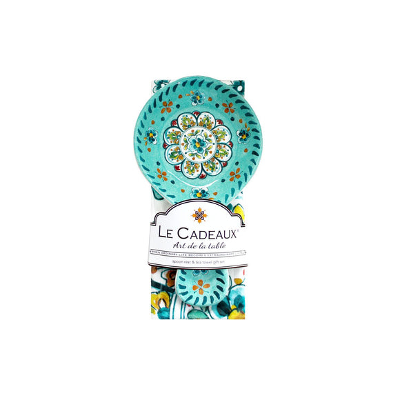 Madrid Turquoise Spoon Rest with matching Tea Towel  Gift Set by Le Cadeaux