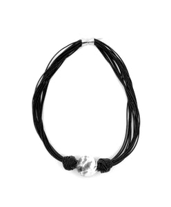 Piano Wire Black Multi Strand Necklace with Large Black and White Bead