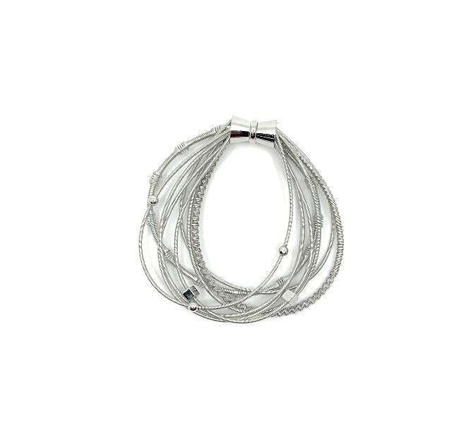 Piano Wire Bracelet Beaded and Textured in Silver
