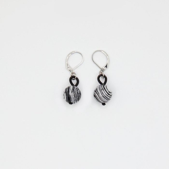 Piano Wire Earring Black with White Porcelain Bead