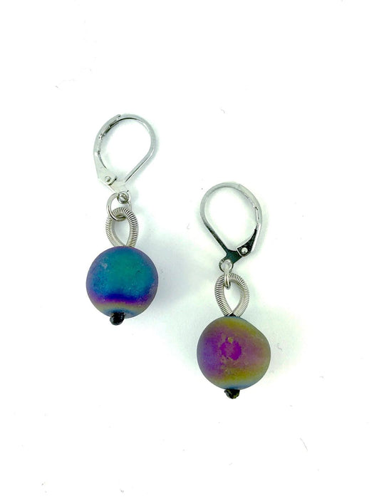 Piano Wire Earring Irridescent Geode Bead on Silver