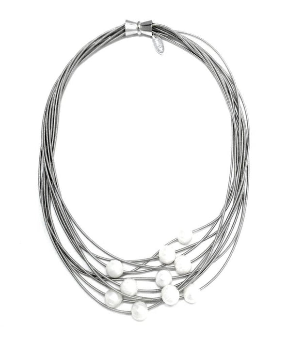 Piano Wire Necklace 10 Strands Silver with White Freshwater Pearls