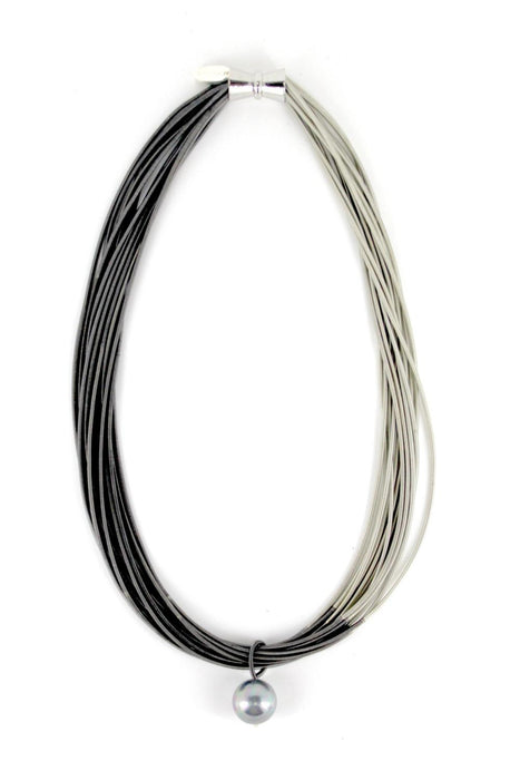 Piano Wire Necklace 2 Tone Slate and Silver with Gray Pearl