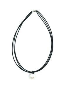 Piano Wire Necklace 3 Strand Black with White Pearl