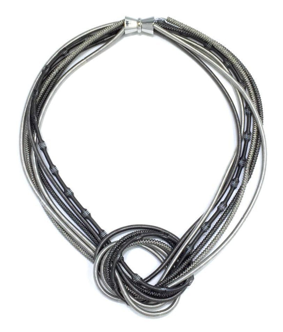 Piano Wire Necklace Large Knot in Textured Silver and Gray Mix