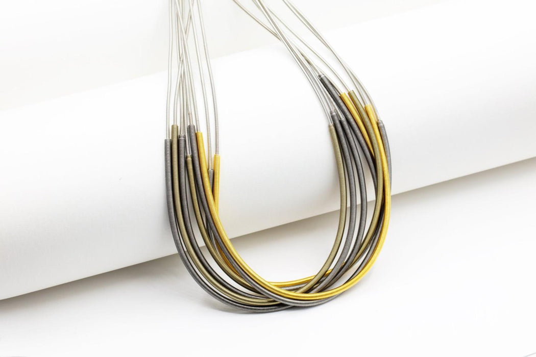 Piano Wire Necklace Multi Sleeved Silver, Gold and Slate