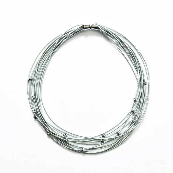 Piano Wire Necklace Silver Multi Strand with Crystal Beads
