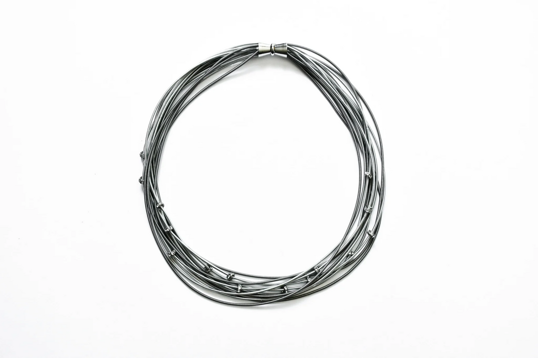 Piano Wire Necklace Silver Slate Multi Strand with Crystal Beads