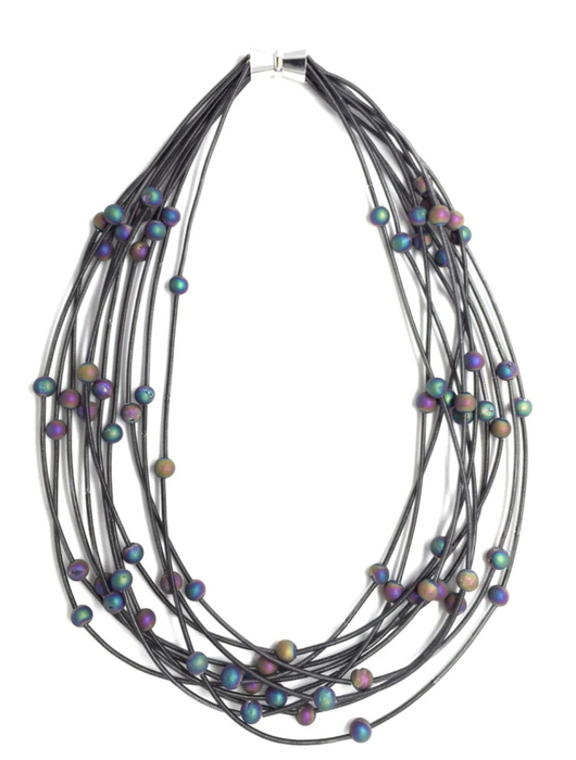 Piano Wire Necklace Slate 10 Layer with Irridescent Geode Beads