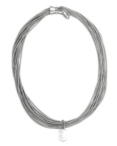 Piano Wire Necklace in Silver with White Pearl Drop