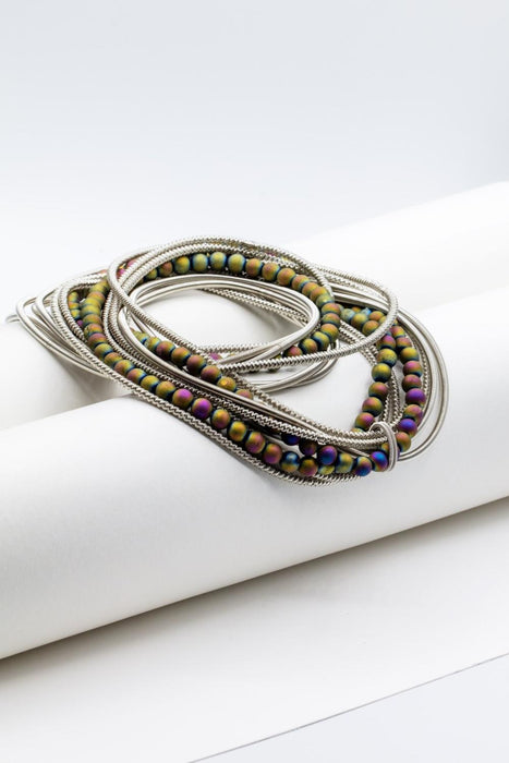 Piano Wire Necklace long length with Irridescent Geode Stones