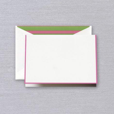 Crane Paper Raspberry Pink Border Pearl White Boxed Notes with Green & Raspberry Envelope Liner