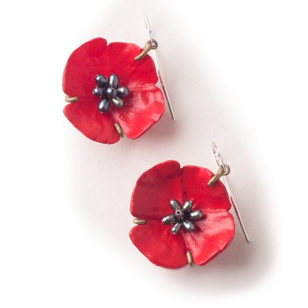 Silver Seasons Red Poppy Drop Earrings by Michael Michaud