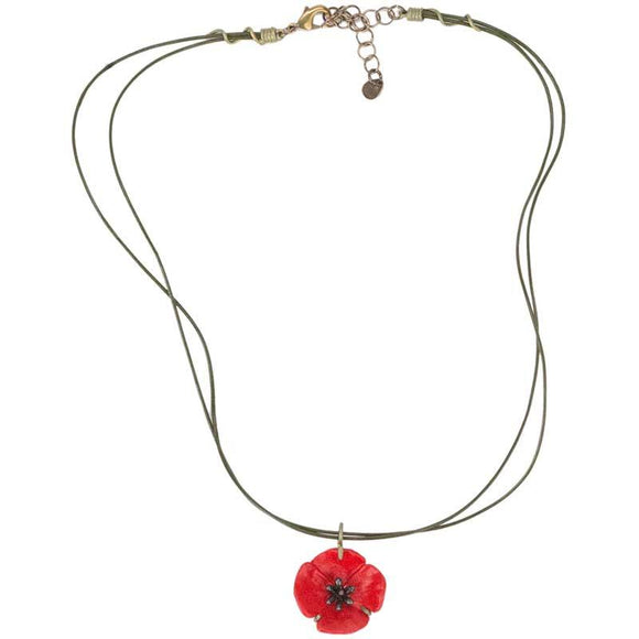 Silver Seasons Red Poppy Leather Necklace by Michael Michaud