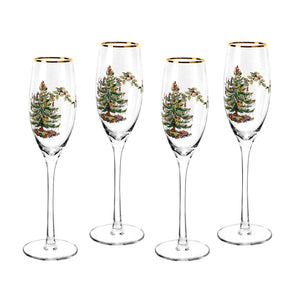 Spode Christmas Tree Champagne Fluted Glasses Set of 4