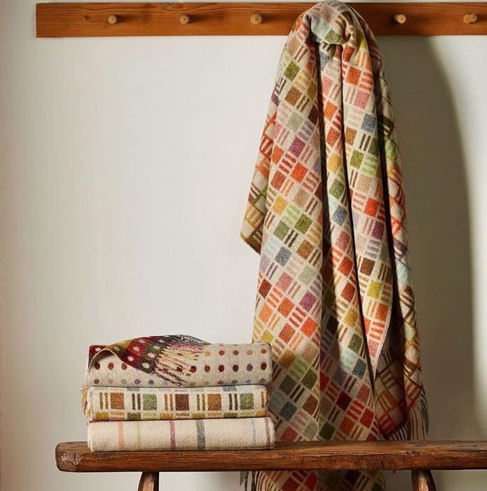 Merino Lambswool Throw Blanket - Ribbon Multi-Beige - Made in England