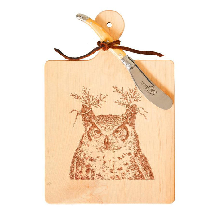 Vicki Sawyer "Duncan Owl with Cedar" Maple Wood Cheeseboard 9"x6" with spreader