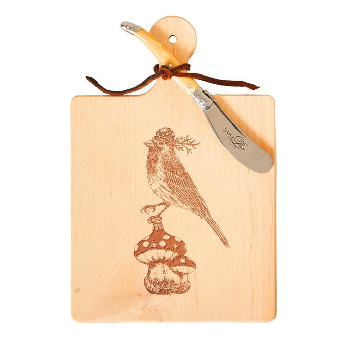 Vicki Sawyer "Finch Forager" Maple Wood Cheeseboard 9"x6" with spreader